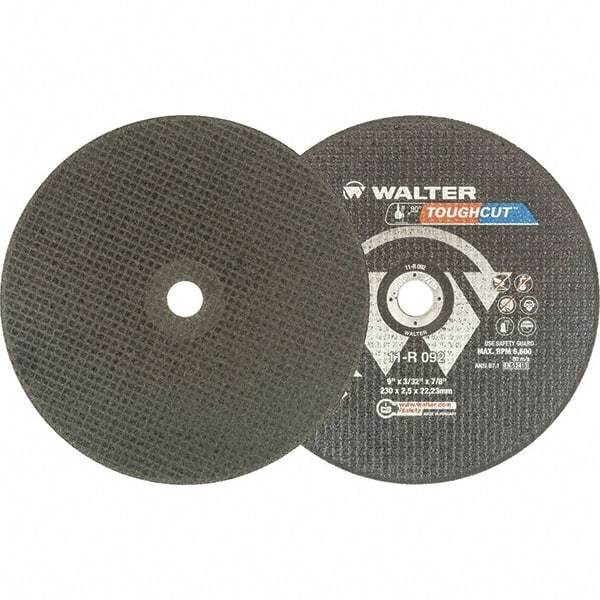 WALTER Surface Technologies - 9" 30 Grit Aluminum Oxide Cutoff Wheel - 3/32" Thick, 7/8" Arbor, 6,600 Max RPM, Use with Angle Grinders - Exact Tool & Supply