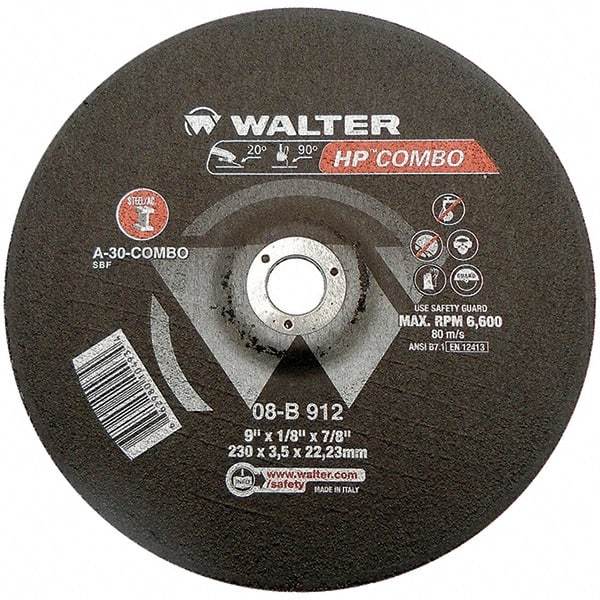 WALTER Surface Technologies - 30 Grit, 9" Wheel Diam, 1/8" Wheel Thickness, 7/8" Arbor Hole, Type 27 Depressed Center Wheel - Aluminum Oxide, Resinoid Bond, 6,600 Max RPM - Exact Tool & Supply