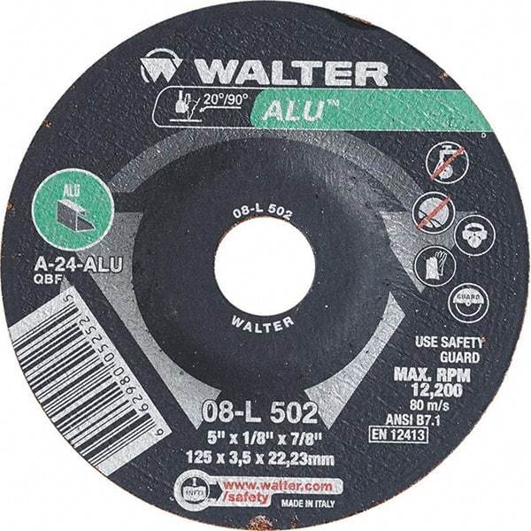 WALTER Surface Technologies - 24 Grit, 5" Wheel Diam, 1/8" Wheel Thickness, 7/8" Arbor Hole, Type 27 Depressed Center Wheel - Aluminum Oxide, Resinoid Bond, 12,200 Max RPM - Exact Tool & Supply