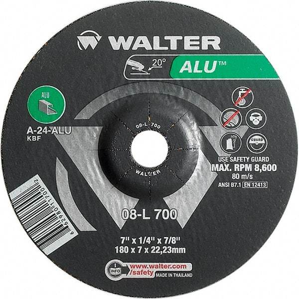 WALTER Surface Technologies - 24 Grit, 7" Wheel Diam, 1/4" Wheel Thickness, 7/8" Arbor Hole, Type 27 Depressed Center Wheel - Aluminum Oxide, Resinoid Bond, 8,600 Max RPM - Exact Tool & Supply