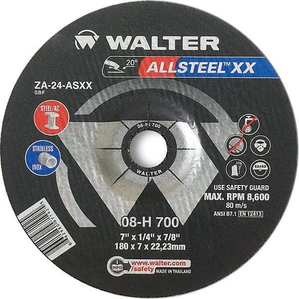 WALTER Surface Technologies - 24 Grit, 7" Wheel Diam, 1/8" Wheel Thickness, 7/8" Arbor Hole, Type 27 Depressed Center Wheel - Aluminum Oxide, Resinoid Bond, 8,600 Max RPM - Exact Tool & Supply