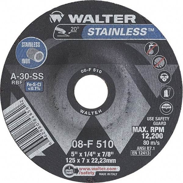 WALTER Surface Technologies - 30 Grit, 5" Wheel Diam, 1/4" Wheel Thickness, 7/8" Arbor Hole, Type 27 Depressed Center Wheel - Aluminum Oxide, Resinoid Bond, 12,200 Max RPM - Exact Tool & Supply