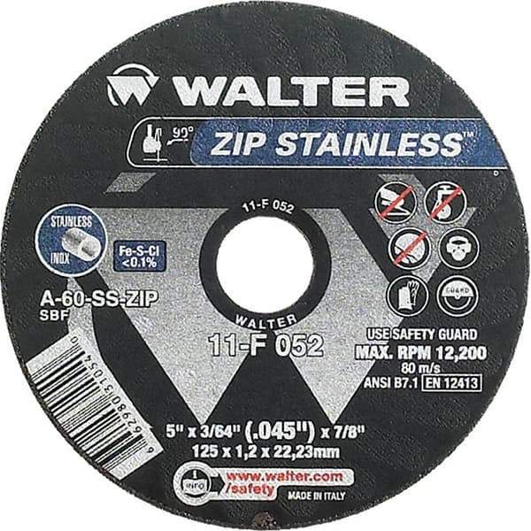 WALTER Surface Technologies - 5" 60 Grit Aluminum Oxide/Silicon Carbide Blend Cutoff Wheel - 3/64" Thick, 7/8" Arbor, 12,200 Max RPM, Use with Angle Grinders - Exact Tool & Supply