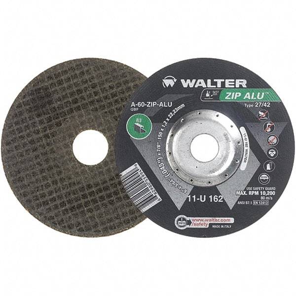 WALTER Surface Technologies - 60 Grit, 6" Wheel Diam, 3/64" Wheel Thickness, 7/8" Arbor Hole, Type 27 Depressed Center Wheel - Aluminum Oxide, Resinoid Bond, 10,200 Max RPM - Exact Tool & Supply