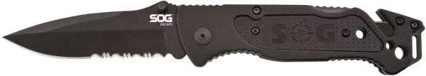 SOG Specialty Knives - 3-13/32" Blade, 8.2" OAL, Partially Serrated Clip Point Folding Knife - 4.8" Closed Length, Plastic, 1 Blade, 1 Edge - Exact Tool & Supply
