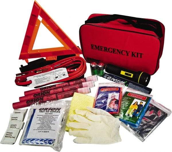 ORION Safety - 79 Piece, Emergency Roadside Safety Kit - Emergency Flares, Reflective Triangle, Flashlight, Batteries, Lightstick, Vest, Poncho, Shop Cloth, Jumper Cable, Multi-Tool, Thermal Blanket, Toweletes & First Aid Supplies - Exact Tool & Supply