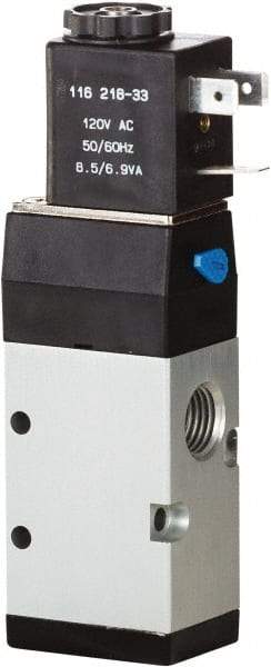ARO/Ingersoll-Rand - 1/4" Inlet x 1/4" Outlet, Single Solenoid Actuator, Spring Return, 2 Position, Body Ported Solenoid Air Valve - 24 VDC Input, 0.7 CV, 3 Way, 115 psi, 122° Max Temp, 15° Min Temp - Exact Tool & Supply