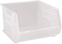 Quantum Storage - 75 Lb. Load Capacity, 18" Deep, Clear Polypropylene Hopper Stacking Bin - 11" High x 16-1/2" Wide x 18" Long - Exact Tool & Supply