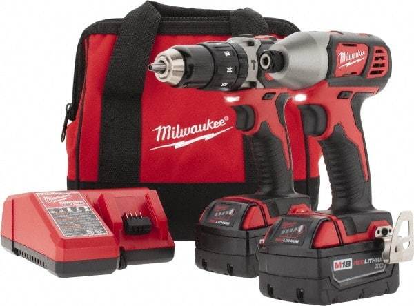 Milwaukee Tool - 18 Volt Cordless Tool Combination Kit - Includes 1/2" Hammer Drill & 1/4" Hex Compact Impact Driver, 2 Lithium-Ion Batteries Included - Exact Tool & Supply
