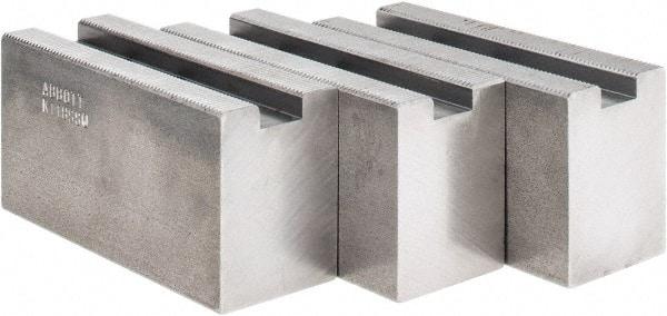 Abbott Workholding Products - 1.5mm x 60° Serrated Attachment, Square Soft Lathe Chuck Jaw - 3 Jaws, Steel, 63/64" Btw Mount Hole Ctrs, 4" Long x 1-1/2" Wide x 2" High, 0.5512" Groove, 0.4724" & 12mm Fastener - Exact Tool & Supply