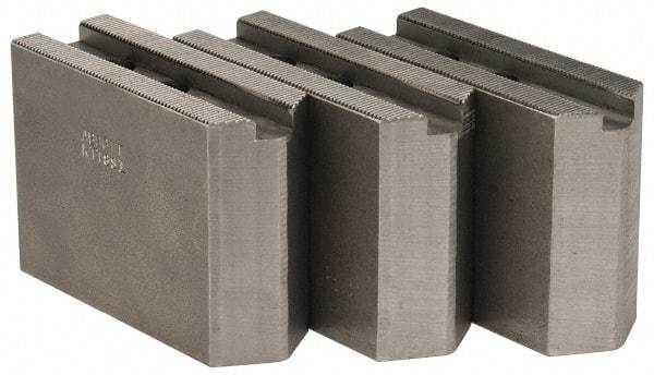 Abbott Workholding Products - 1.5mm x 60° Serrated Attachment, Square Soft Lathe Chuck Jaw - 3 Jaws, Steel, 63/64" Btw Mount Hole Ctrs, 4" Long x 1-1/2" Wide x 3" High, 0.5512" Groove, 0.4724" & 12mm Fastener - Exact Tool & Supply