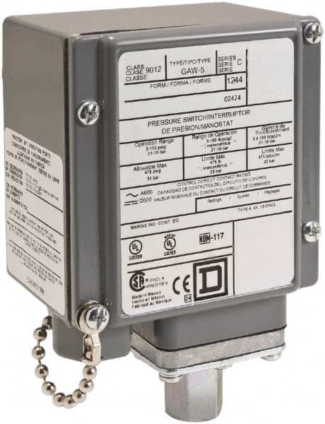 Square D - 4, 13 and 4X NEMA Rated, SPDT-DB, 5 to 250 psig, Electromechanical Pressure and Level Switch - Exact Tool & Supply