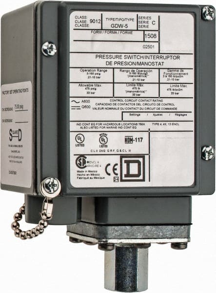 Square D - 4, 13 and 4X NEMA Rated, SPDT-DB, 3 to 150 psig, Electromechanical Pressure and Level Switch - Exact Tool & Supply