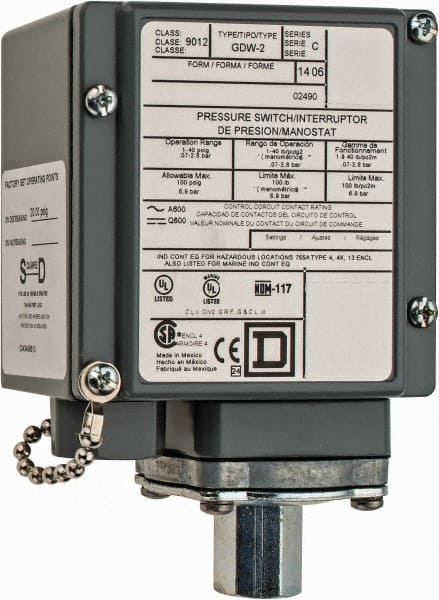 Square D - 4, 13 and 4X NEMA Rated, SPDT-DB, 1 to 40 psig, Electromechanical Pressure and Level Switch - Exact Tool & Supply