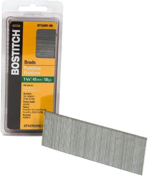Stanley Bostitch - 18 Gauge 0.05" Shank Diam 1-5/8" Long Brad Nails for Power Nailers - Steel, Bright Finish, Ring Shank, Straight Stick Adhesive Collation, Brad Head, Chisel Point - Exact Tool & Supply
