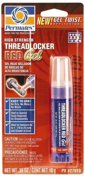 Permatex - 10 Gal Tube, Red, High Strength Gel Threadlocker - Series 270, 24 hr Full Cure Time, Hand Tool, Heat Removal - Exact Tool & Supply