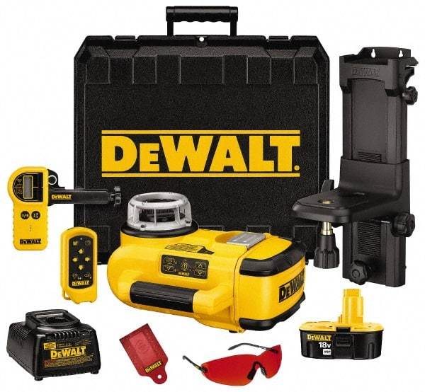 DeWALT - 200' (Interior) & 2,000' (Exterior) Measuring Range, 1/8" at 100' & 3mm at 31m Accuracy, Self-Leveling Rotary Laser with Detector - ±5° Self Leveling Range, 60, 250 & 600 RPM, 1 Beam, 18 Volt XRP Battery Included - Exact Tool & Supply