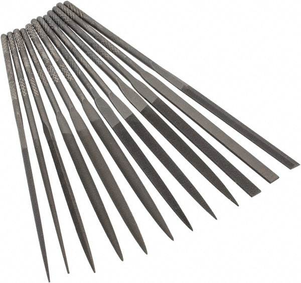 Grobet - 12 Piece Swiss Pattern File Set - 4" Long, 2 Coarseness, Set Includes Barrette, Crossing, Equalling, Half Round, Knife, Marking, Round, Round Edge Joint, Slitting, Square, Three Square, Warding - Exact Tool & Supply