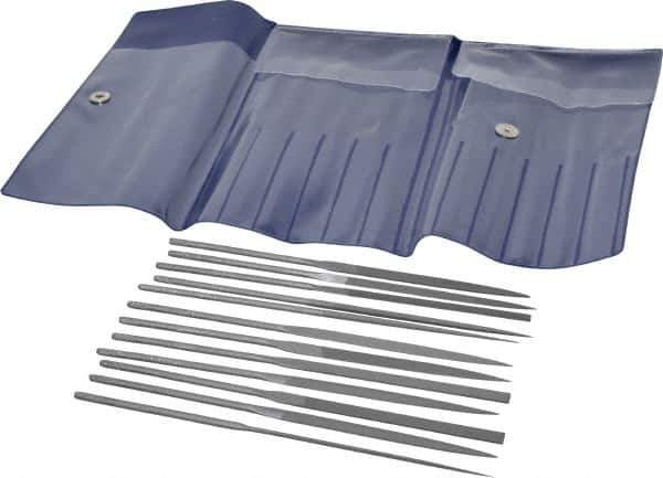 Grobet - 12 Piece Swiss Pattern File Set - 5-1/2" Long, 2 Coarseness, Set Includes Barrette, Crossing, Equalling, Half Round, Knife, Marking, Round, Round Edge Joint, Slitting, Square, Three Square, Warding - Exact Tool & Supply