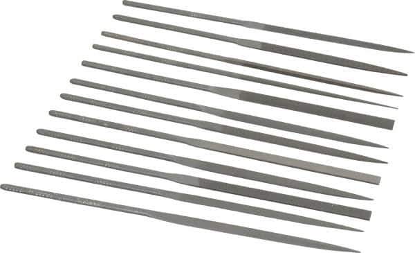 Grobet - 12 Piece Swiss Pattern File Set - 6-1/4" Long, 0 Coarseness, Set Includes Barrette, Crossing, Equalling, Half Round, Knife, Marking, Round, Round Edge Joint, Slitting, Square, Three Square, Warding - Exact Tool & Supply