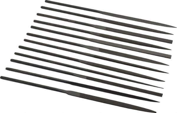 Grobet - 12 Piece Swiss Pattern File Set - 6-1/4" Long, 6 Coarseness, Set Includes Barrette, Crossing, Equalling, Half Round, Knife, Marking, Round, Round Edge Joint, Slitting, Square, Three Square, Warding - Exact Tool & Supply