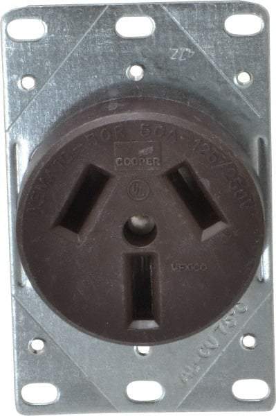 Cooper Wiring Devices - 125/250 VAC, 50 Amp, 10-50R NEMA Configuration, Brown, Specification Grade, Ungrounded Single Receptacle - 1 Phase, 3 Poles, 3 Wire, Flush Mount, Corrosion Resistant - Exact Tool & Supply