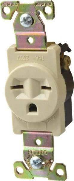 Cooper Wiring Devices - 250 VAC, 15 Amp, 6-15R NEMA Configuration, Ivory, Industrial Grade, Self Grounding Single Receptacle - 1 Phase, 2 Poles, 3 Wire, Flush Mount, Chemical, Heat and Impact Resistant - Exact Tool & Supply