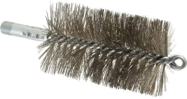 Schaefer Brush - 4-1/2" Brush Length, 2-3/4" Diam, Double Stem, Double Spiral Tube Brush - 7-1/4" Long, Stainless Steel, 1/4" NPSM Male Connection - Exact Tool & Supply