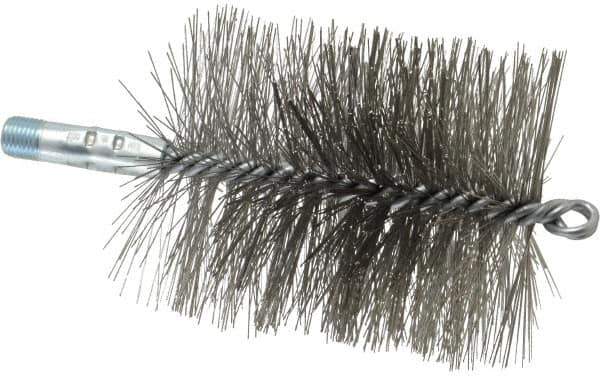 Schaefer Brush - 4-1/2" Brush Length, 3-3/4" Diam, Double Stem, Double Spiral Tube Brush - 7-1/4" Long, Stainless Steel, 1/4" NPSM Male Connection - Exact Tool & Supply