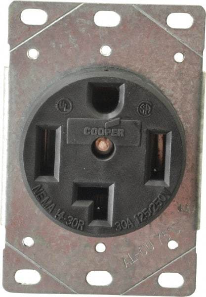 Cooper Wiring Devices - 125/250 VAC, 30 Amp, 14-30R NEMA Configuration, Black, Specification Grade, Ungrounded Single Receptacle - 1 Phase, 3 Poles, 3 Wire, Flush Mount, Corrosion Resistant - Exact Tool & Supply