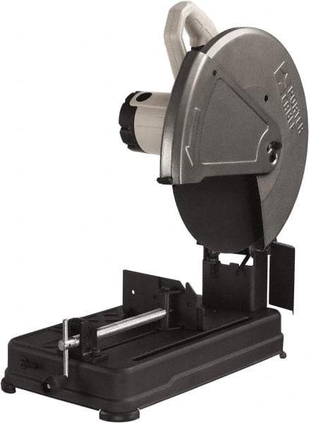 Porter-Cable - 14" Blade Diam, 1" Arbor Hole, Straight Chop & Cutoff Saw - 1 Phase, 3,800 RPM, 4 hp, 120 Volts, 4-1/2" in Solids at 90°, 4-7/8" in Pipe at 90°, 3-13/16" in Solids at 45°, 4-1/2" in Pipe at 45° - Exact Tool & Supply