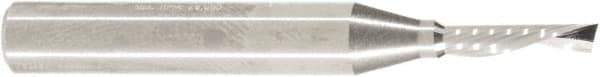 Amana Tool - 1/8" Cutting Diam x 1/2" Length of Cut, 1 Flute, Downcut Spiral Router Bit - Uncoated, Right Hand Cut, Solid Carbide, 2" OAL x 1/4" Shank Diam, 30° Helix Angle - Exact Tool & Supply