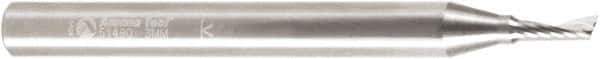 Amana Tool - 3mm Cutting Diam x 0.314" Length of Cut, 1 Flute, Upcut Spiral Router Bit - Uncoated, Right Hand Cut, Solid Carbide, 2-31/64" OAL x 1/4" Shank Diam, 20° Helix Angle - Exact Tool & Supply