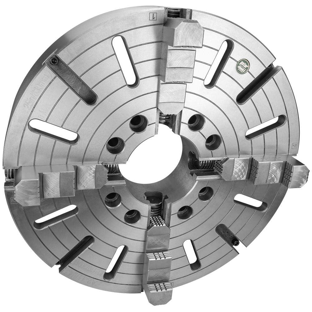 Independent Manual Lathe Chuck: 4-Jaw, 25″ Dia Hard & Solid Jaws, Direct Mount, 400 Max RPM