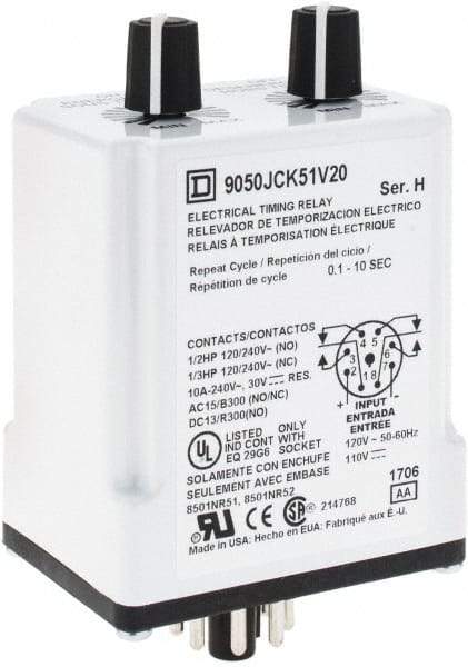 Square D - DPDT Time Delay Relay - 10 Contact Amp, 110 VDC & 120 VAC - Exact Tool & Supply
