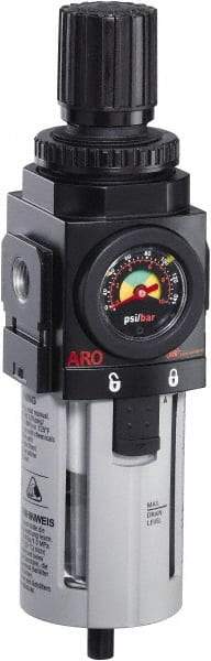 ARO/Ingersoll-Rand - 1/2" NPT Port Standard 1 Piece Filter/Regulator FRL Unit - Polycarbonate Bowl, 172 SCFM, 150 Max psi, 9.961" High x 2.756" Long, Manual Drain - Exact Tool & Supply