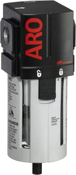 ARO/Ingersoll-Rand - 1/2" Port, 7.047" High x 2.874" Wide Standard Filter with Polycarbonate Bowl, Manual Drain - 197 SCFM, 150 Max psi, 125°F Max Temp, Modular Connection, Bowl Guard, 1.9 oz Bowl Capacity - Exact Tool & Supply