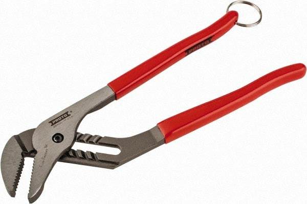 Proto - 12" OAL, 2-1/2" Jaw Width, 7 Position Tethered Tongue & Groove Pliers - V-Jaws, Vinyl Handles - Exact Tool & Supply