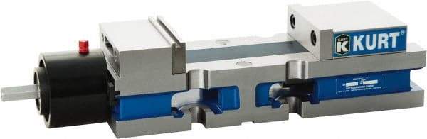 Kurt - 4" Jaw Width, 6" Jaw Opening Capacity, Horizontal Stationary Machine Vise - Reverse Hydraulic Operation, 7,800 Lb Capacity, 1 Station, 13.985" Long x 3.4900" High x 1-15/64" Deep, 1.235" Jaw Height, Ductile Iron - Exact Tool & Supply