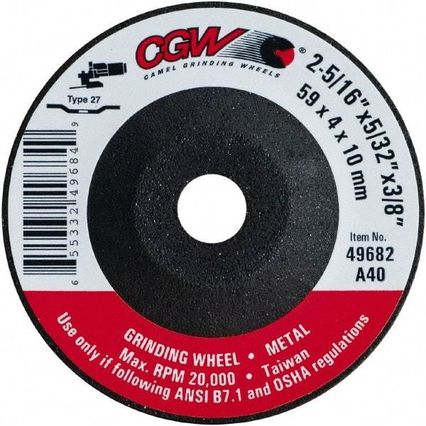 Camel Grinding Wheels - 40 Grit, 2-5/16" Wheel Diam, 5/32" Wheel Thickness, 3/8" Arbor Hole, Type 27 Depressed Center Wheel - Medium Grade, Aluminum Oxide, Resinoid Bond, 20,000 Max RPM - Exact Tool & Supply