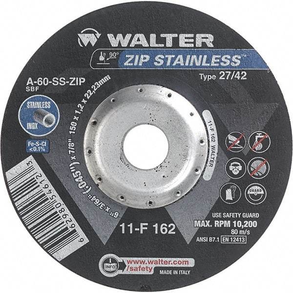 WALTER Surface Technologies - 60 Grit, 6" Wheel Diam, 3/64" Wheel Thickness, 7/8" Arbor Hole, Type 27 Depressed Center Wheel - Aluminum Oxide/Silicon Carbide Blend, Resinoid Bond, 10,200 Max RPM - Exact Tool & Supply