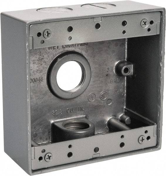 Thomas & Betts - 2 Gang, (4) 3/4" Knockouts, Aluminum Square Outlet Box - 4-9/16" Overall Height x 4-5/8" Overall Width x 2-1/16" Overall Depth, Weather Resistant - Exact Tool & Supply