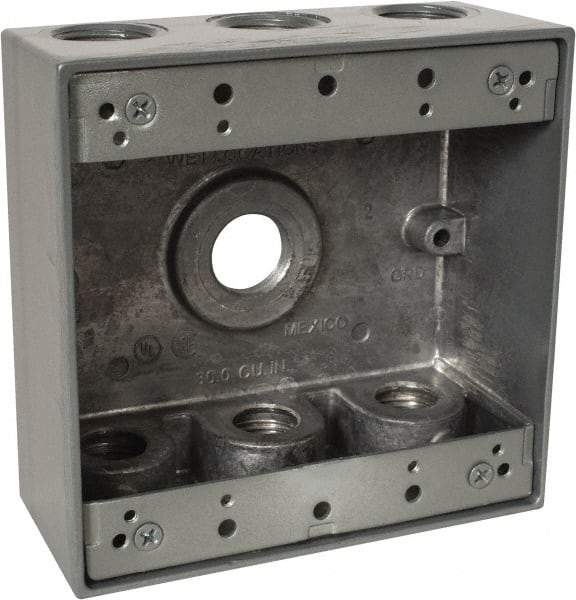 Thomas & Betts - 2 Gang, (7) 1/2" Knockouts, Aluminum Square Outlet Box - 4-9/16" Overall Height x 4-5/8" Overall Width x 2-1/16" Overall Depth, Weather Resistant - Exact Tool & Supply