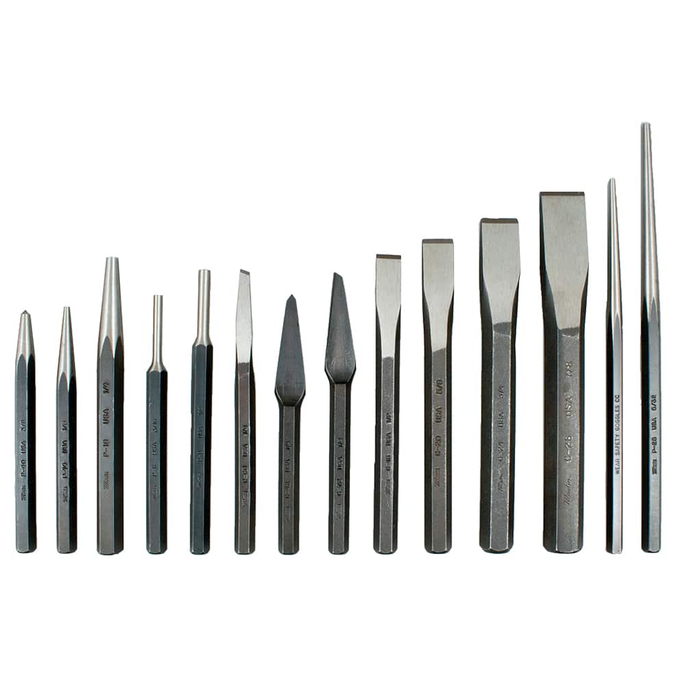 Martin Tools - Chisel & Punch Sets; Type: Punch & Chisel Set ; Number of Pieces: 14.000 ; Style: Cape Chisel; Cold Chisel; Diamond Point Chisel; Half-Round Chisel; Center Punch; Drift Punch; Long Taper Punch; Solid Punch; Pin Punch ; Set Contents: Cape, - Exact Tool & Supply