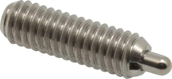 Vlier - 5/16-18, 1" Thread Length, 3/16" Plunger Projection, Stainless Steel Threaded Spring Plunger - 0.133 - 0.135" Max Plunger Diam, 1" Plunger Length, 1.5 Lb Init End Force, 4.5 Lb Final End Force - Exact Tool & Supply