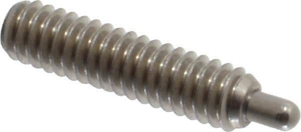 Vlier - 1/4-20, 1" Thread Length, 3/16" Plunger Projection, Stainless Steel Threaded Spring Plunger - 0.117 - 0.118" Max Plunger Diam, 1" Plunger Length, 3 Lb Init End Force, 13 Lb Final End Force, 0.079" Hex - Exact Tool & Supply