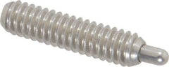 Vlier - 1/4-20, 1" Thread Length, 3/16" Plunger Projection, Stainless Steel Threaded Spring Plunger - 0.117 - 0.118" Max Plunger Diam, 1" Plunger Length, 1 Lb Init End Force, 4 Lb Final End Force, 0.079" Hex - Exact Tool & Supply
