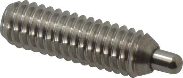 Vlier - 5/16-18, 1" Thread Length, 3/16" Plunger Projection, Stainless Steel Threaded Spring Plunger - 0.133 - 0.135" Max Plunger Diam, 1" Plunger Length, 3 Lb Init End Force, 15 Lb Final End Force, 0.093" Hex - Exact Tool & Supply