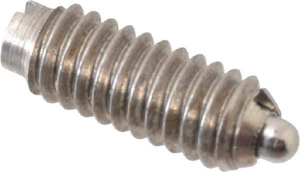 Vlier - 8-32, 7/16" Thread Length, 0.052" Plunger Projection, Stainless Steel Threaded Spring Plunger - 0.07" Max Plunger Diam, 0.437" Plunger Length, 1.5 Lb Init End Force, 4.75 Lb Final End Force - Exact Tool & Supply