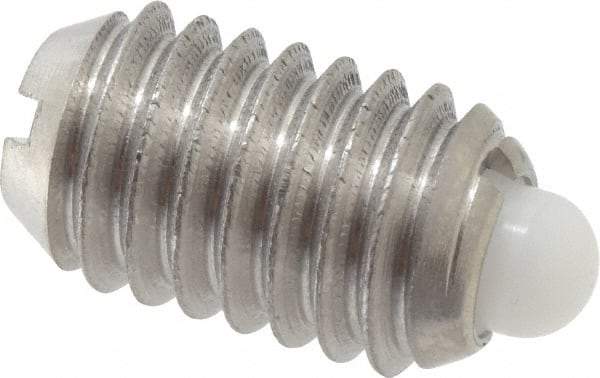 Vlier - 3/8-16, 5/8" Thread Length, 0.11" Plunger Projection, Stainless Steel Threaded Spring Plunger - 0.186" Max Plunger Diam, 0.625" Plunger Length, 4.5 Lb Init End Force, 18.5 Lb Final End Force - Exact Tool & Supply